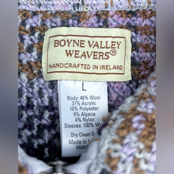 Boyne Valley Weavers Plaid Full Zip Sweater Jacket Large Lavender Sleeves - Picture 3 of 4